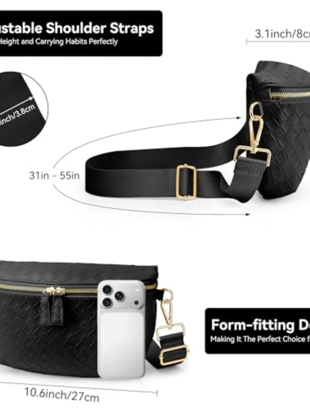 Faux Leather Woven Crossbody Bag Travel Fanny Pack Adjustable Strap